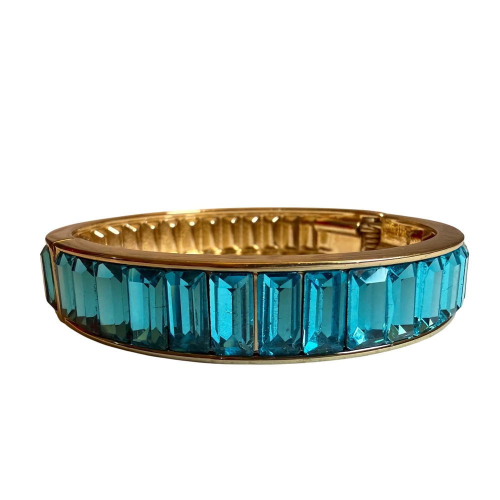 Sparkles! Blue Crystal Emerald Cut Hinged Bangle Bracelet Gold Tone Heidi Daus